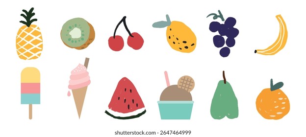 Colorful fruit and dessert illustrations. Includes pineapple, kiwi, cherries, mango, grapes, banana, popsicle, ice cream, watermelon, pear, and orange. Isolated vector element set.