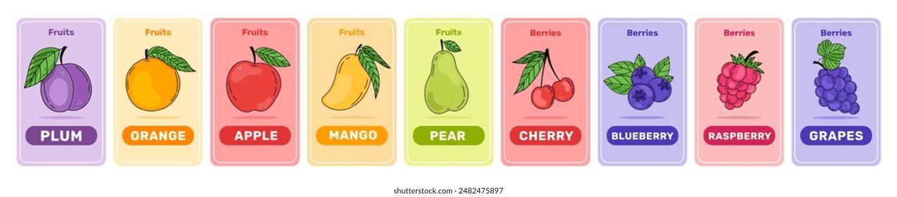 Coloridas tarjetas de frutas para niños. Perfecto para el aprendizaje temprano, preescolar, kindergarten..cDibujado a mano estilo de dibujos animados frutas y bayas de Vector