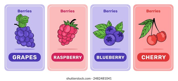 Colorful Fruit Flashcards for Kids. Perfect for Early Learning, Preschool, Kindergarten. Handdrawn cartoon style berries