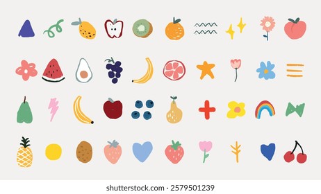 Colorful fruit and flower icons, including apple, orange, banana, and heart shapes. Playful and vibrant, these icons add a cheerful touch to any design. Food illustrations, isolated vector set.