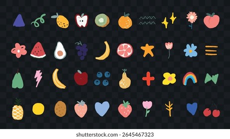 Colorful fruit and flower icons on a dark background. Includes apples, bananas, pears, and flowers. Vibrant fruit and flower illustrations. Food illustrations, isolated element vector set.