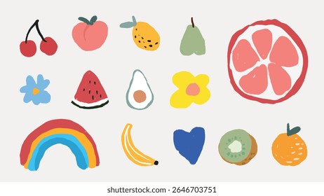 Colorful fruit and flower illustrations, featuring cherries, peach, mango, pear, grapefruit, watermelon, avocado, banana, kiwi, and vibrant flowers and rainbow. Food illustrations, isolated vectors.