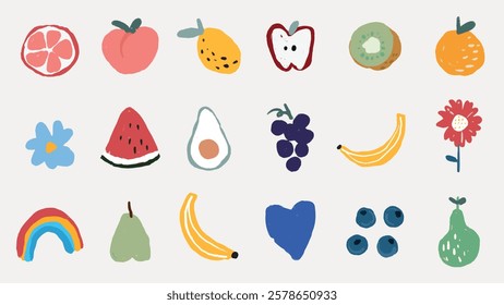 Colorful fruit and flower illustrations include apple, banana, pear, and flowers. Vibrant fruit and flower designs add a playful touch. Fruit and flower art. Food illustrations, isolated vector set.