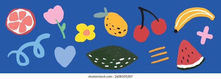 Colorful fruit and flower illustrations on a blue background. Includes cherries, banana, lemon, and watermelon. Playful and vibrant fruit and flower design. Food illustrations, isolated vector set.