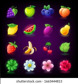 Colorful fruit and flower slots icon set for casino slot machine, gambling games isolated, mobile puzzle game design, vector illustration