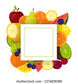 Colorful fruit frame set. Collection of tropical background design. Fresh orange, kiwi, banana and apple. Juicy food poster. Isolated vector illustration in cartoon style