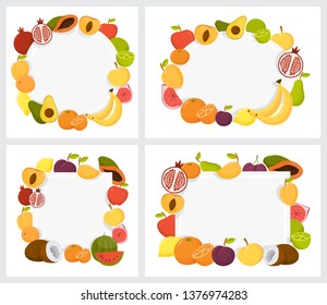 Colorful fruit frame set. Collection of tropical background design. Fresh orange, kiwi, banana and apple. Juicy food poster. Isolated vector illustration in cartoon style