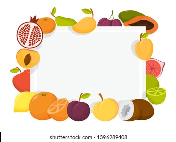 Colorful fruit frame set. Collection of tropical background design. Fresh orange, kiwi, banana and apple. Juicy food poster. Isolated vector illustration in cartoon style