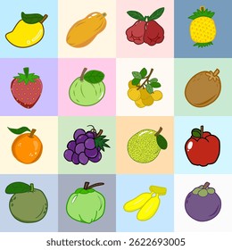 Colorful Fruit Grid: A Vibrant Collection Featuring Mango, Papaya, Wax Apple, Pineapple, Strawberry, Guava, Longan, Sapodilla, Orange, Grapes, Pomelo, Apple, Avocado, Green Apple, Banana, and Mangoste