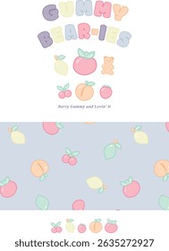 Colorful Fruit Gummy Illustration and Repeat Pattern – Cute Candy Clipart  - Fun candy-themed artwork is perfect for children's designs, pajamas, branding, packaging, party invitations, and digital.