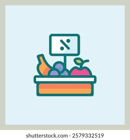 Colorful fruit icon with banana, grapes, and apple in a box with a discount sign