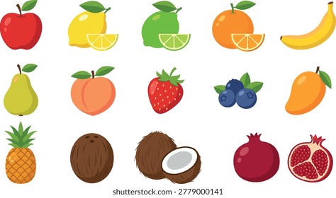 Colorful fruit icon collection with apple citrus banana berries pineapple coconut and pomegranate for healthy food design projects