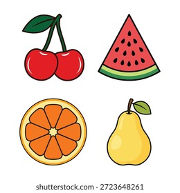Conjunto de iconos de frutas coloridas que incluyen Ilustraciones vectoriales planas de sandía de cereza, naranja y pera