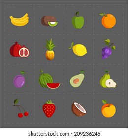 Colorful Fruit Icon Set on Grey Background