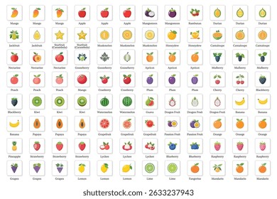 Colorful Fruit Icon Set with Tropical and Citrus Varieties.