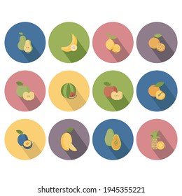 Colorful fruit icon for website. Exotic halved fruits pear, banana, lemon, orange, apple, watermelon, peach, apricot, plum, orange, mango, papaya, pineapple