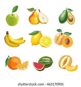 Colorful fruit icons set apple, pear, avocado, orange, peach, watermelon, banana, pineapple, melon, lemon. Vector illustration, isolated on white.