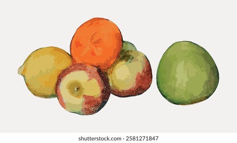 Colorful fruit illustration with apples, lemon, orange, and pear. Bright fruit artwork, showcasing apples, lemon, orange, and pear in a vibrant style. Vintage fruit illustrations isolated, vector.