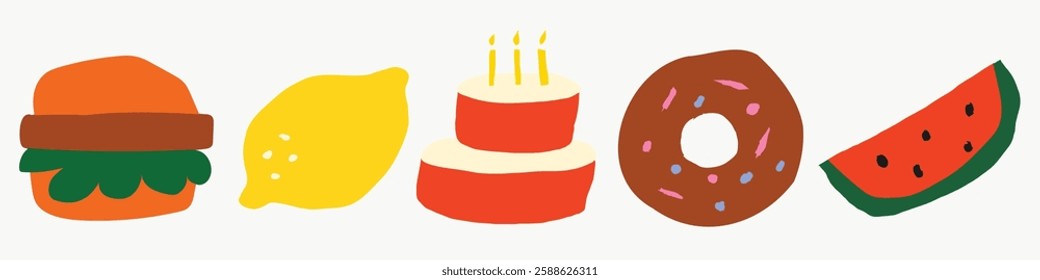 Colorful fruit illustration featuring orange, lemon, banana, pear, and apple. Vibrant fruit design with orange, lemon, banana, pear, and apple. Cute food vector illustration set.