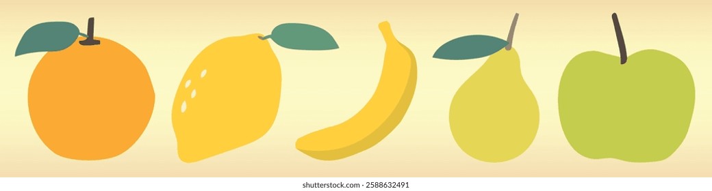 Colorful fruit illustration featuring orange, lemon, banana, pear, and apple. Vibrant fruit design with orange, lemon, banana, pear, and apple. Cute food vector illustration set.