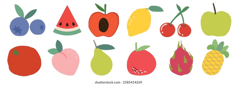 Colorful fruit illustrations including blueberries, watermelon, apple, lemon, cherries, dragon fruit, pear, apple, peach, and pineapple. Vibrant fruit art. Vector element set.
