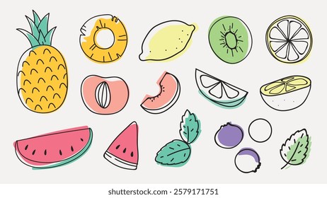 Colorful fruit illustrations including pineapple, lemon, kiwi, and watermelon. Fresh fruit slices and whole fruit, vibrant and playful design. Summer illustrations, isolated element vector set.