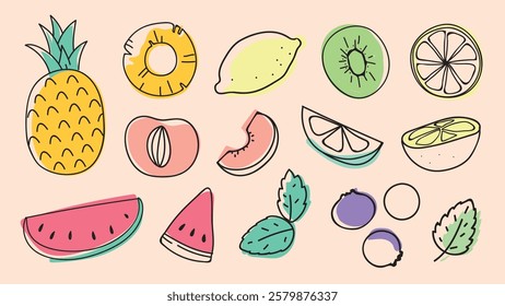 Colorful fruit illustrations including pineapple, lemon, kiwi, and watermelon. Fresh fruit drawings with vibrant colors and playful fruit designs. Summer illustrations, isolated element vector set.