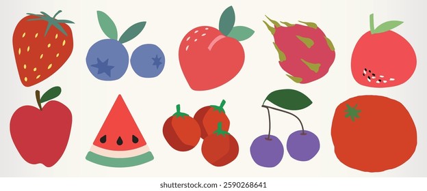 Colorful fruit illustrations including strawberries, blueberries, dragon fruit, and watermelon. Vibrant fruit designs with apples, cherries, and tomatoes. Cute food vector illustration set.