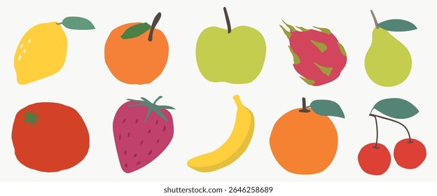 Colorful fruit illustrations: lemon, orange, apple, dragon fruit, pear, tomato, strawberry, banana, orange, cherries. Bright fruit designs, playful fruit art. Cute food vector illustration set.