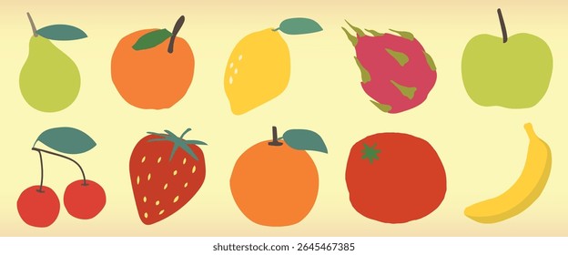 Colorful fruit illustrations: pear, orange, lemon, dragon fruit, apple, cherries, strawberry, tomato, banana. Bright fruit, vibrant fruit. Cute food vector illustration set.