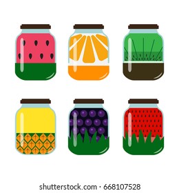 The colorful fruit jam jars set. Vector. Isolated.