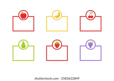 Colorful fruit labels with apples, bananas, cherries, pears, strawberries, grapes. Vector icon