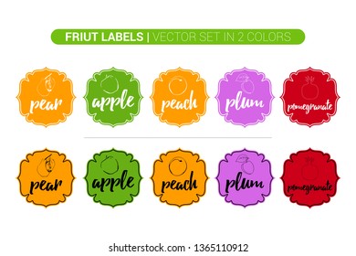 Colorful fruit labels vector set in green, orange, red, violet colors. Cartoon Advertising Stickers. Hand drawn Vintage Badges with pear, Apple, peach, plum, pomegranate ready for web and Print