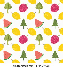 Colorful fruit lemon and watermelon with pine tree seamless pattern on white background. Food with plant nature endless fabric for textile, wrapping and wallpaper.