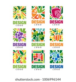 Colorful fruit logos collection. Original label template in rectangular shape. Healthy food concept. Flat vector design for packaging juice, organic shop poster or farm