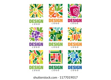 Colorful fruit logos collection. Original label template in rectangular shape. Healthy food concept. Flat vector design for packaging juice, organic shop poster or farm