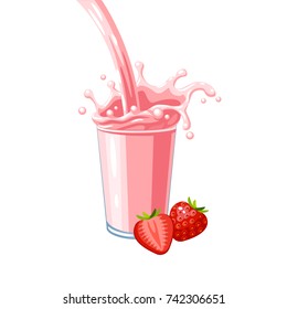 Colorful fruit milkshake design. Pink milky flow and splash in full glass of strawberry milk shake. Vector illustration cartoon flat icon isolated on white.