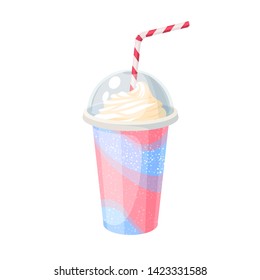 Colorful fruit milkshake design. Plastic cup with lid and straw, full of fruit milk shake. Vector illustration cartoon flat icon isolated on white.