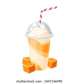 Colorful fruit milkshake design. Plastic cup with lid and straw, full of caramel milk shake. Vector illustration cartoon flat icon isolated on white.