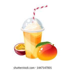 Colorful fruit milkshake design. Plastic cup with lid and straw, full of mango milk shake. Vector illustration cartoon flat icon isolated on white.