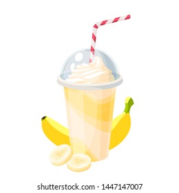 Colorful fruit milkshake design. Plastic cup with lid and straw, full of banana milk shake. Vector illustration cartoon flat icon isolated on white.