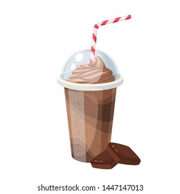 Colorful fruit milkshake design. Plastic cup with lid and straw, full of chocolate milk shake. Vector illustration cartoon flat icon isolated on white.