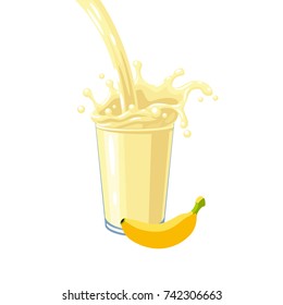 Colorful fruit milkshake design. Yellow milky flow and splash in full glass of banana milk shake. Vector illustration cartoon flat icon isolated on white.