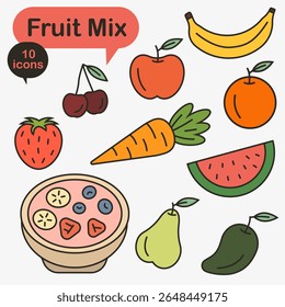 Colorful fruit mix with dark outline. Flat cartoon style, isolated image on white background. EPS 10.