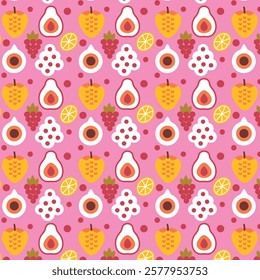 Colorful Fruit Pattern with Avocado, Grapes, and Citrus on Pink Background