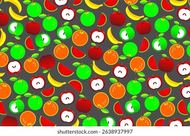 Colorful fruit pattern background. Perfect for wrapping paper, fabric prints, children’s products, and digital backgrounds. The image conveys a fun, fresh, and healthy theme.