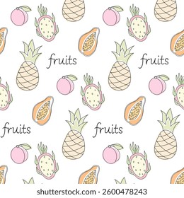 Colorful fruit pattern design featuring pineapples, papayas, and other tropical fruits