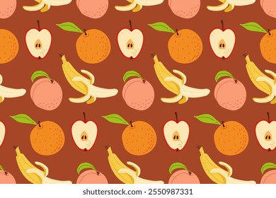 Padrão de frutas coloridas com bananas, maçãs, laranjas e pêssegos em um fundo rico