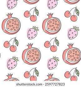 Colorful fruit pattern featuring cherries, strawberries, and pomegranates on a light background