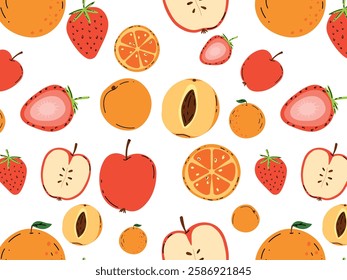 Colorful fruit pattern featuring juicy oranges, apples, apricots and strawberries on a white isolated background. Kitchen wallpapers, postcards, posters.